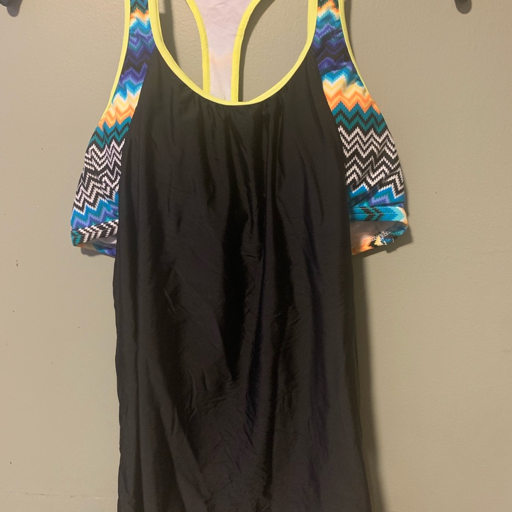 Women’s Black Swim Tank with Multicolor Chevron Trim